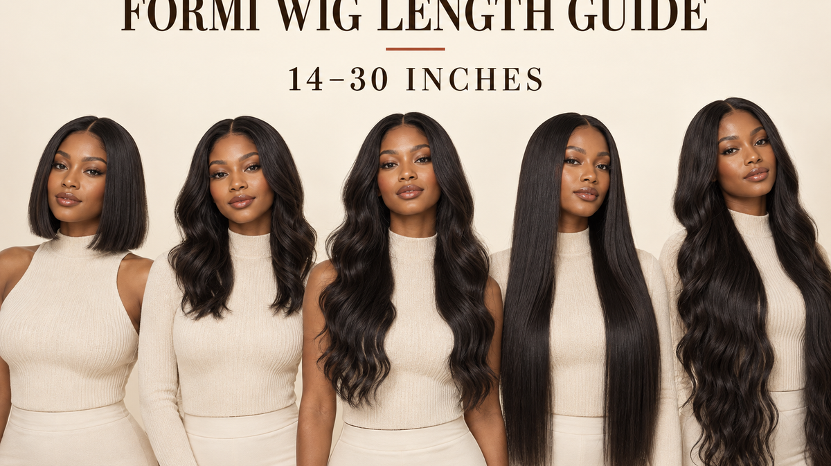 Formi Wig Length Guide, 14–30 inches, with five models wearing different wig lengths