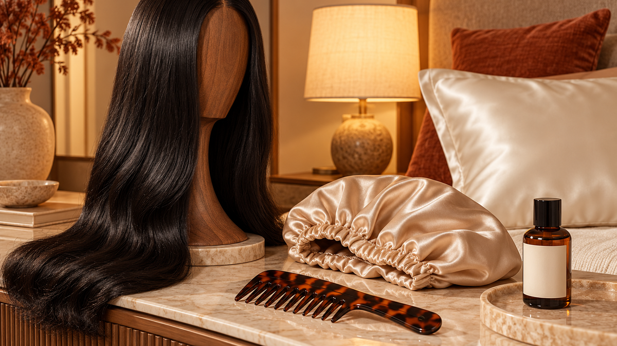 Glossy human hair wig resting on a wooden stand beside satin bedtime accessories