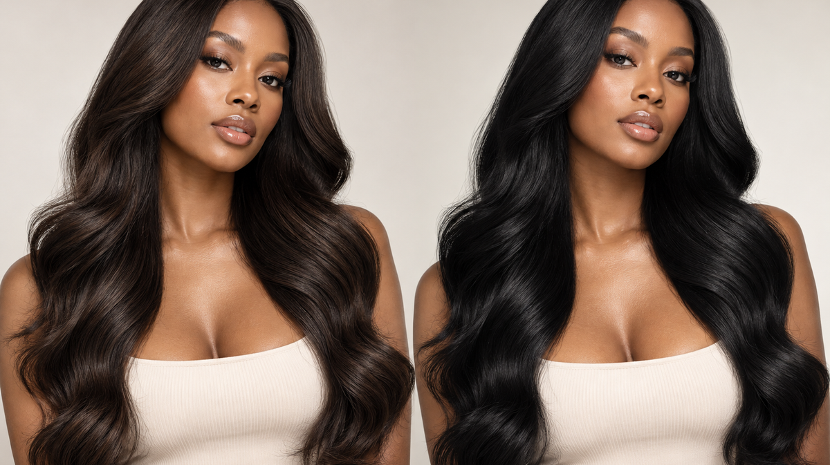 Natural Black and Jet Black human hair color comparison by FORMI
