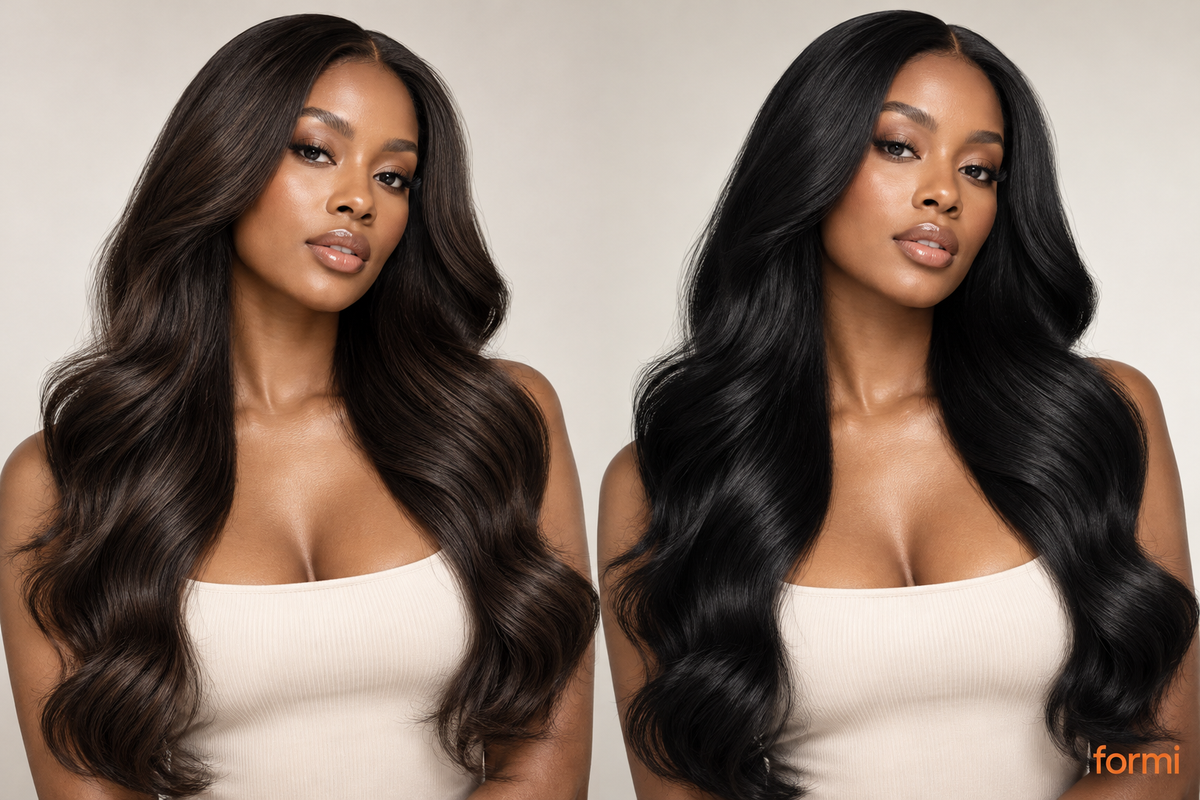 Natural Black and Jet Black human hair color comparison by FORMI