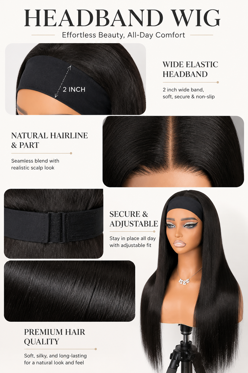 Straight human hair headband wig showing the wide elastic band and adjustable strap