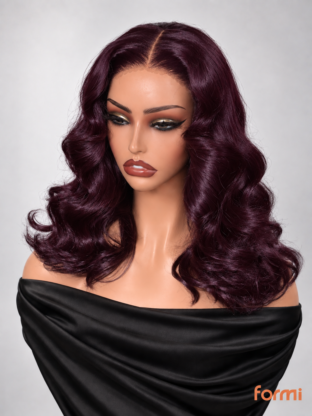 Front view of FORMI deep blackcurrant purple middle part body wave human hair lace front wig