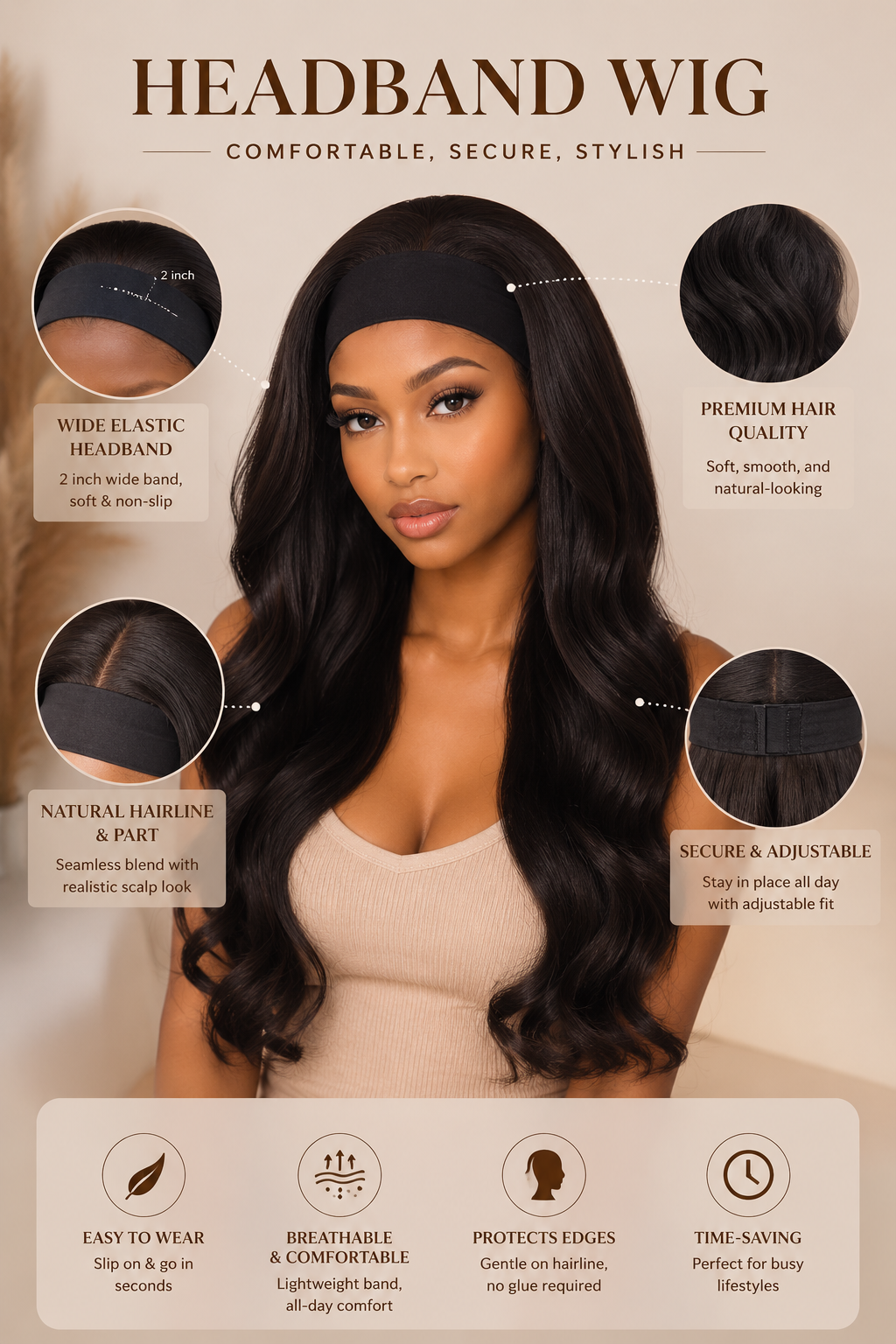 Body wave headband wig showing the adjustable band, hair texture and cap features