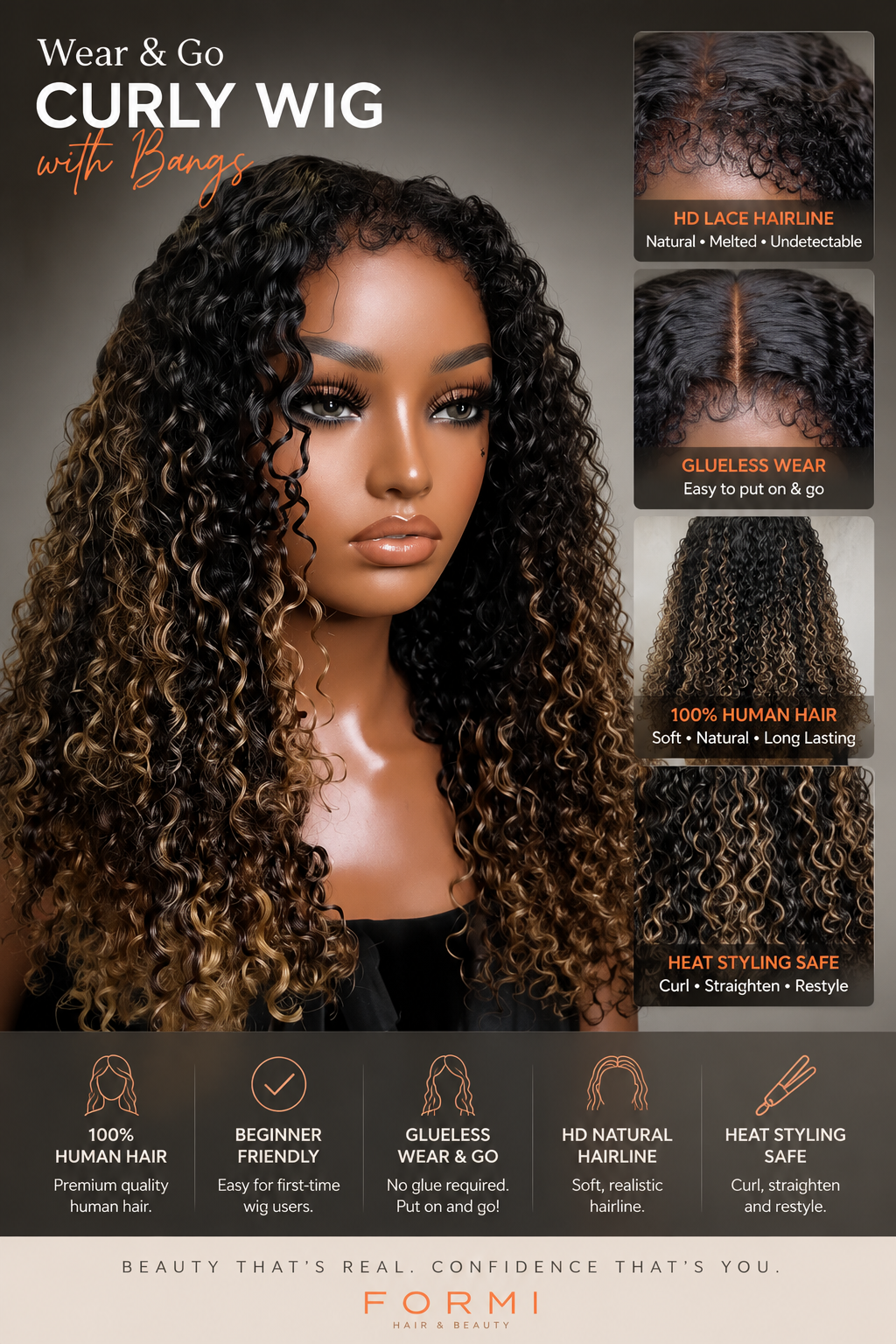 Brown highlight curly human hair wig front view with defined curls and natural volume
