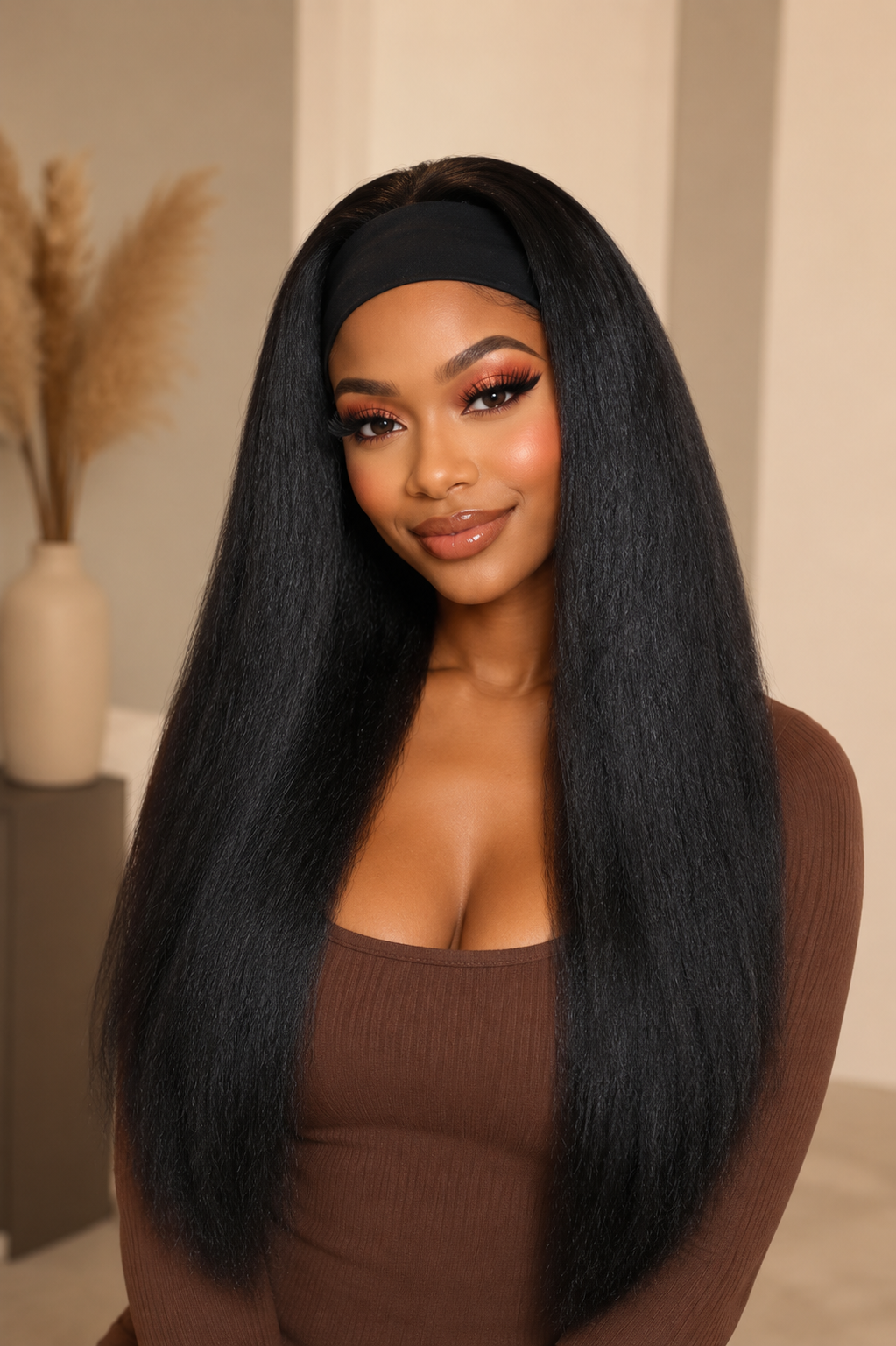Black woman wearing a long natural black straight human hair headband wig