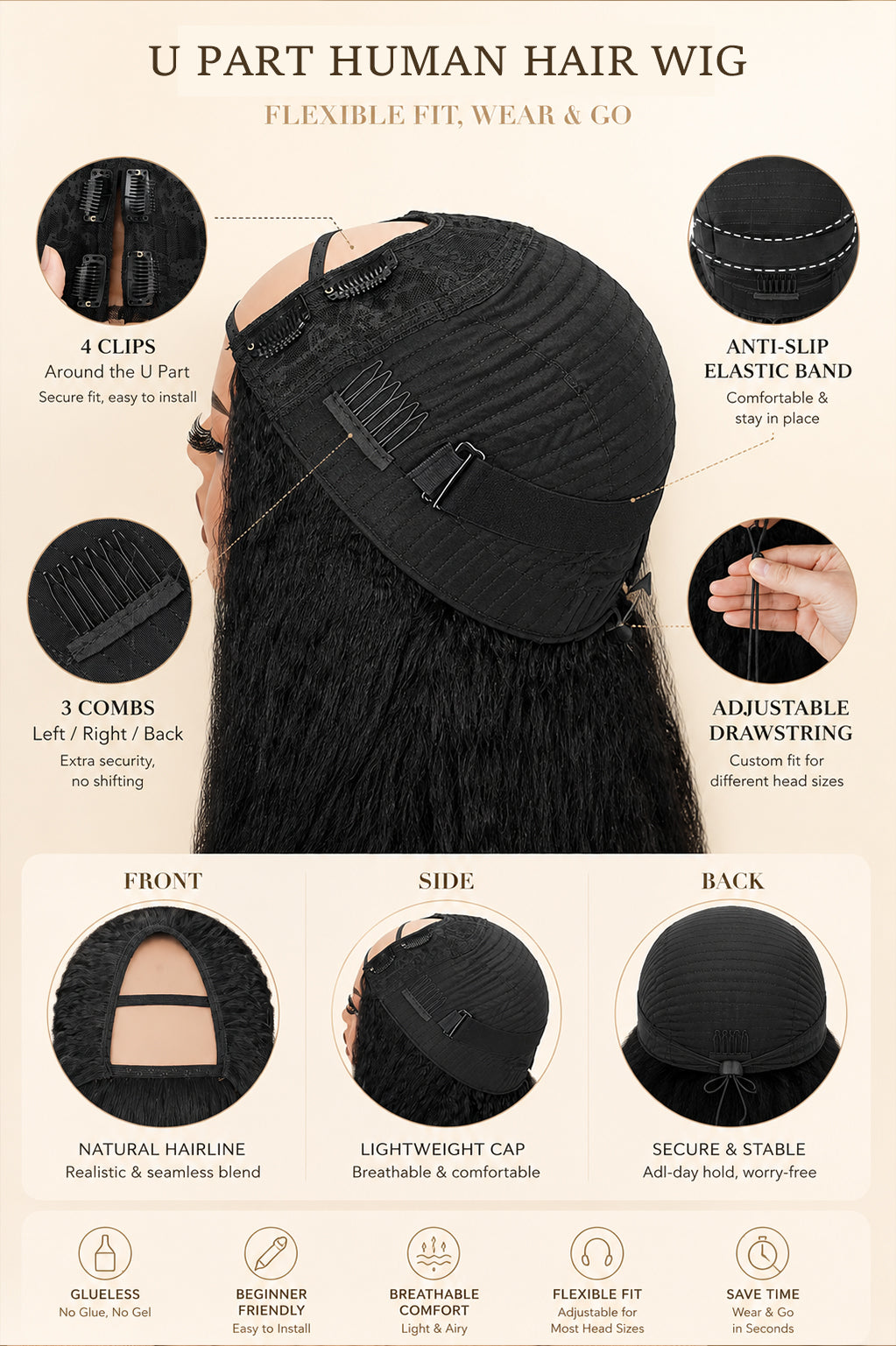 U part human hair wig cap showing the leave-out opening, combs and adjustable straps