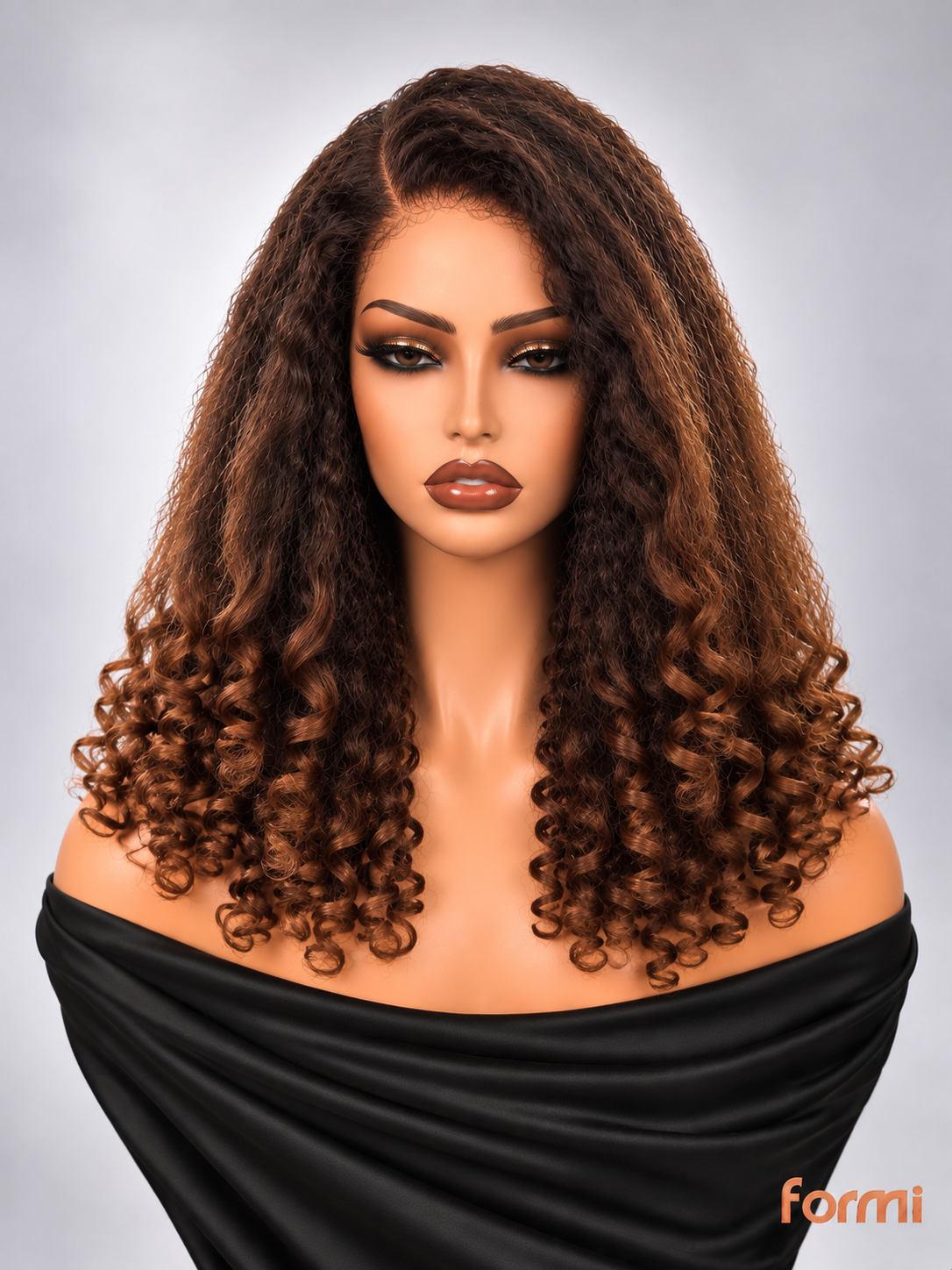 Chocolate brown copper highlight deep side part kinky straight spiral curl human hair wig front view