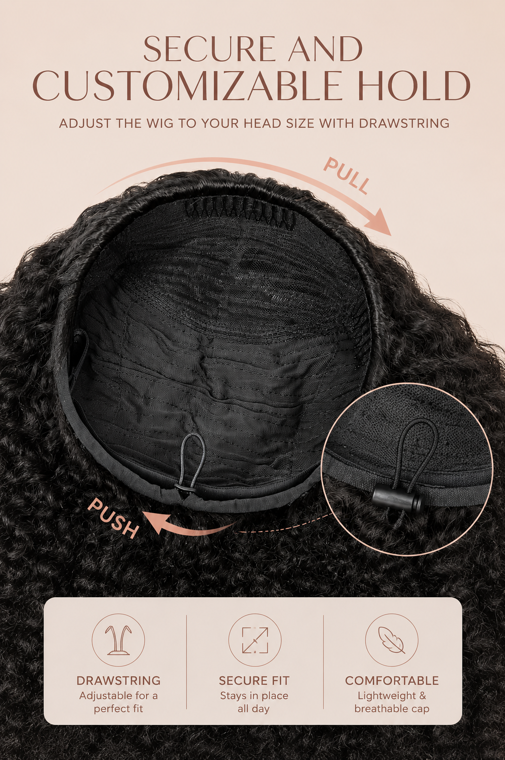 Half wig cap with adjustable straps and secure combs for a customizable, comfortable fit