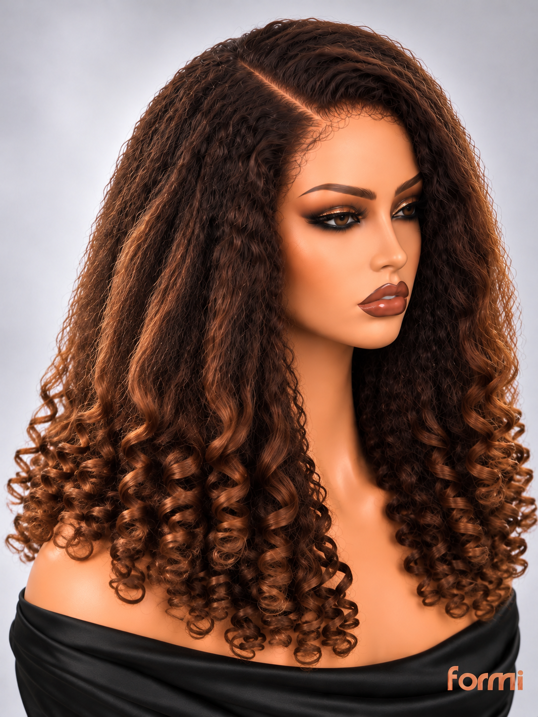 Glueless chocolate brown highlighted human hair lace front wig right three-quarter view