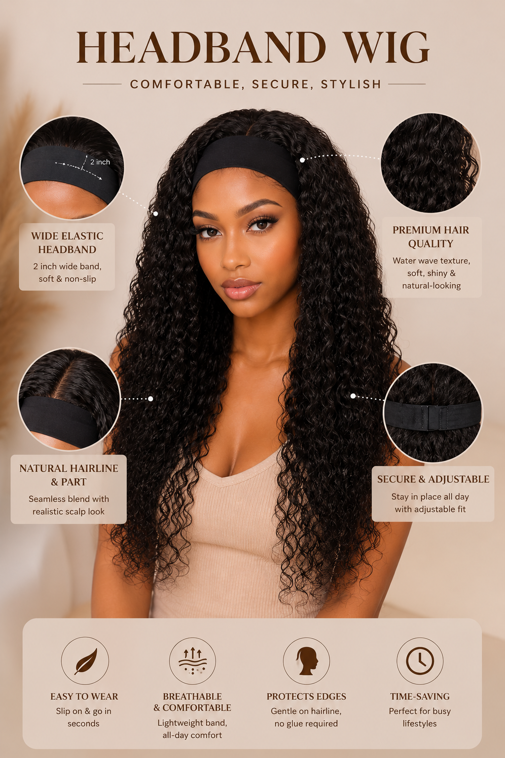 Water wave headband wig showing the adjustable band, curl texture and cap features