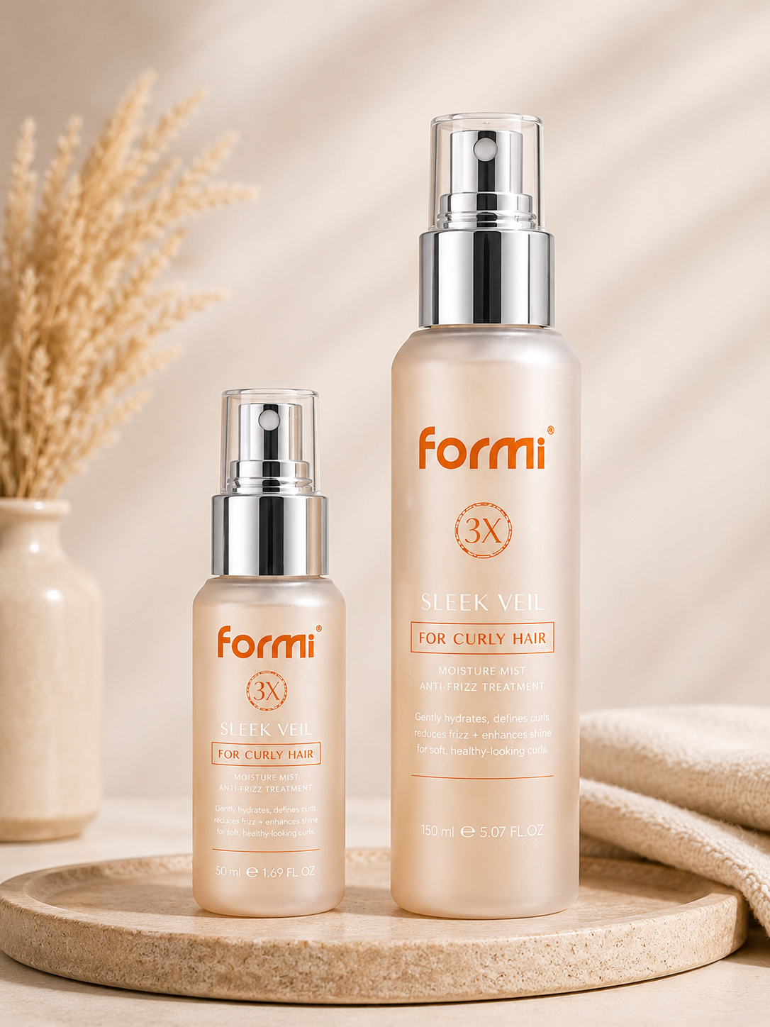 FORMI Sleek Veil Moisture Mist bottles for hydrating and refreshing curly hair