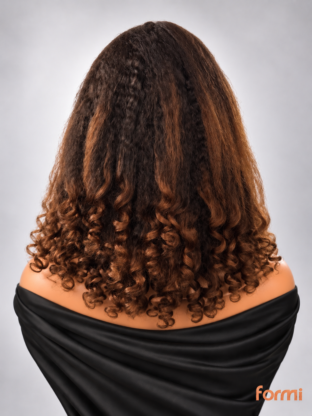 Chocolate brown kinky straight wig with copper highlights and spiral-curled ends back view