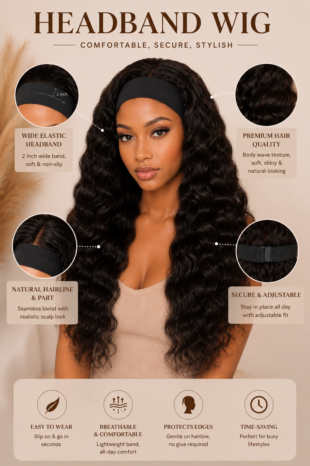 Body wave human hair headband wig product features and pull-on design