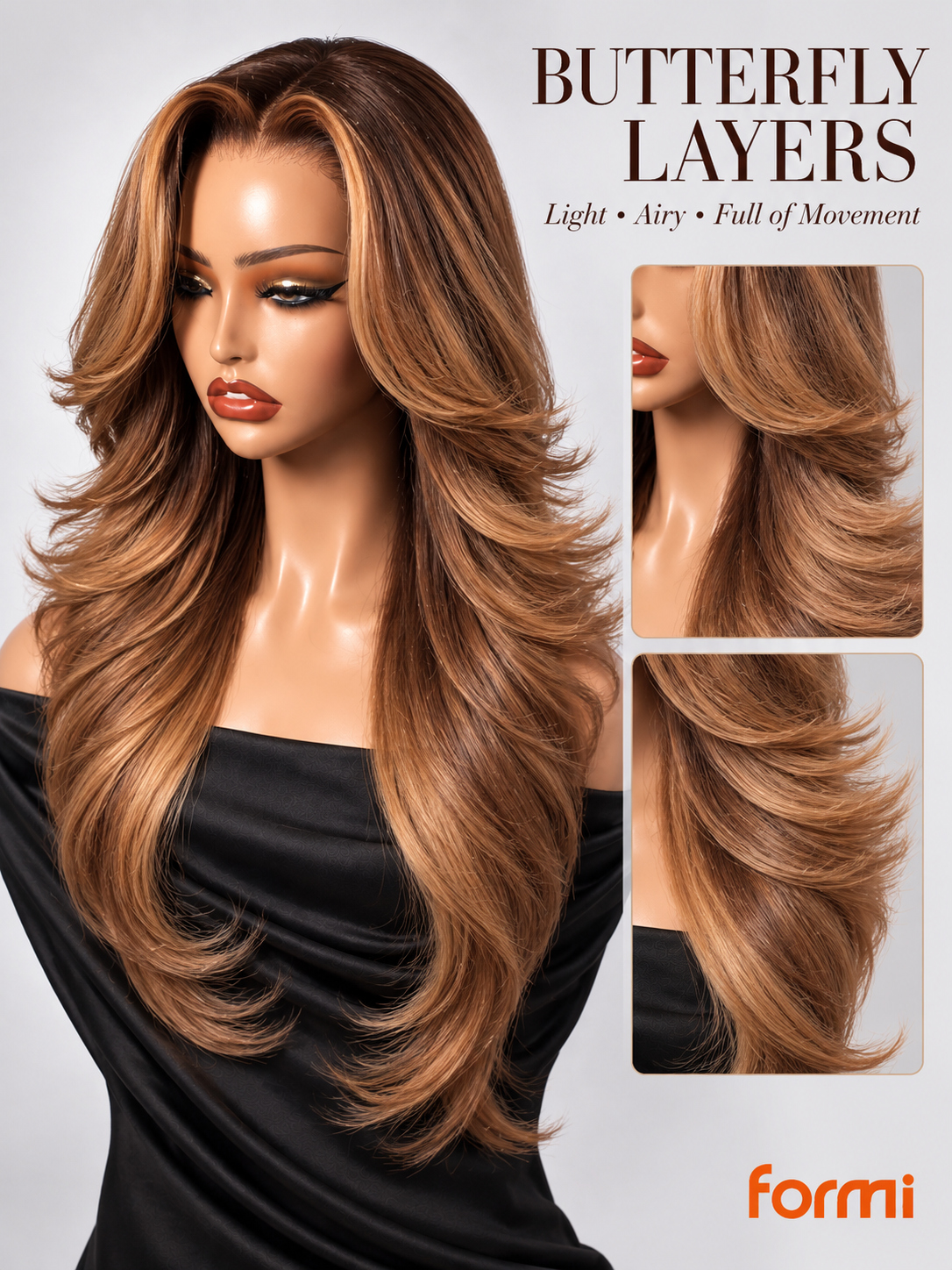 Butterfly layer detail on glueless honey blonde highlight lace front wig