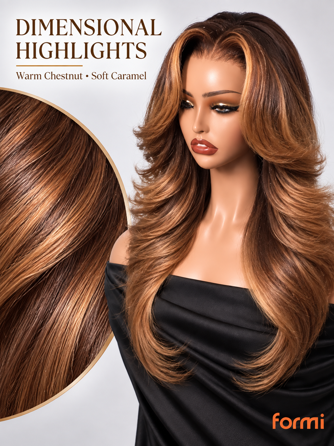 Dimensional warm chestnut and caramel honey blonde highlights on human hair wig