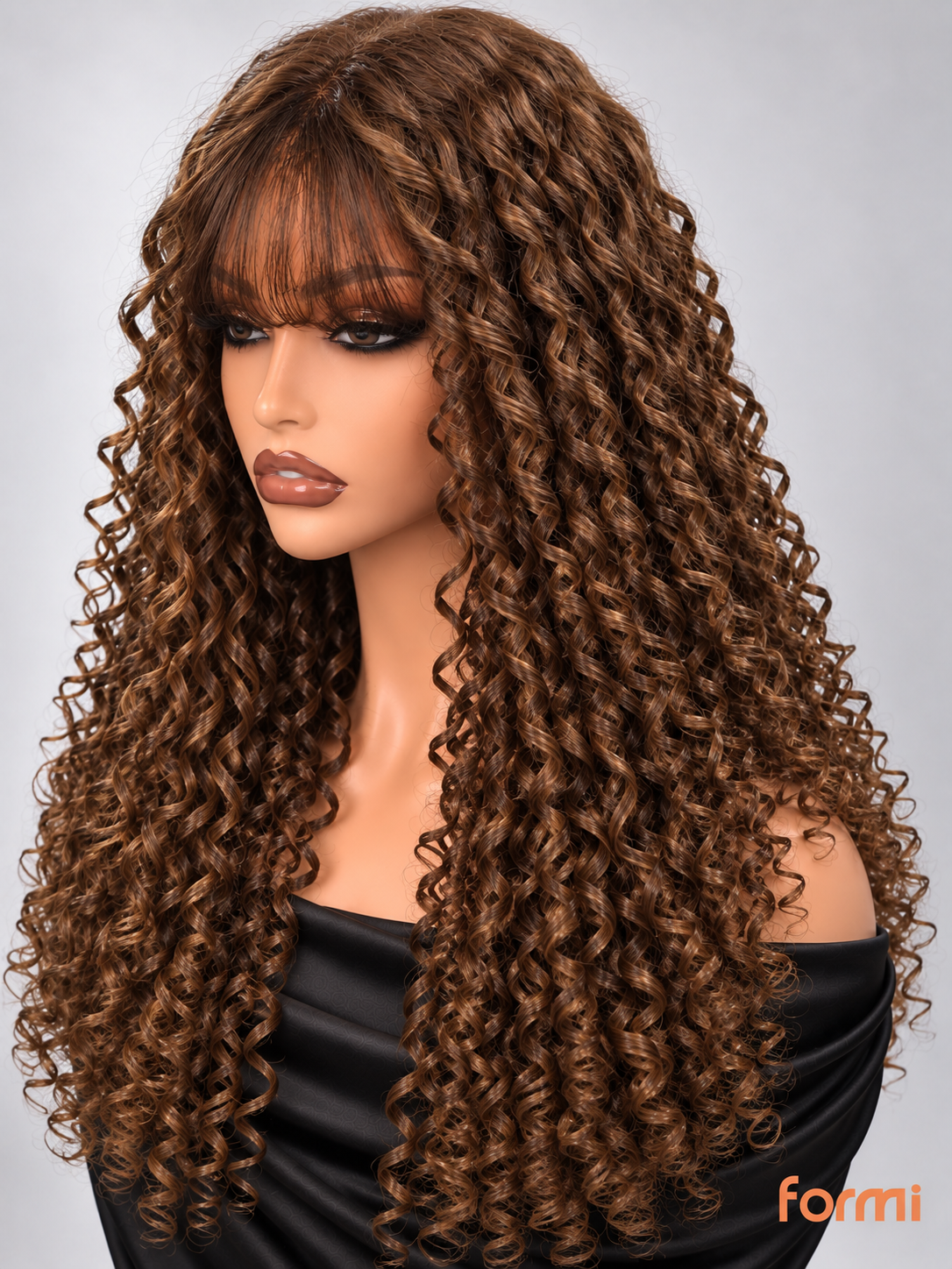 Long espresso brown and honey blonde body wave wig back view