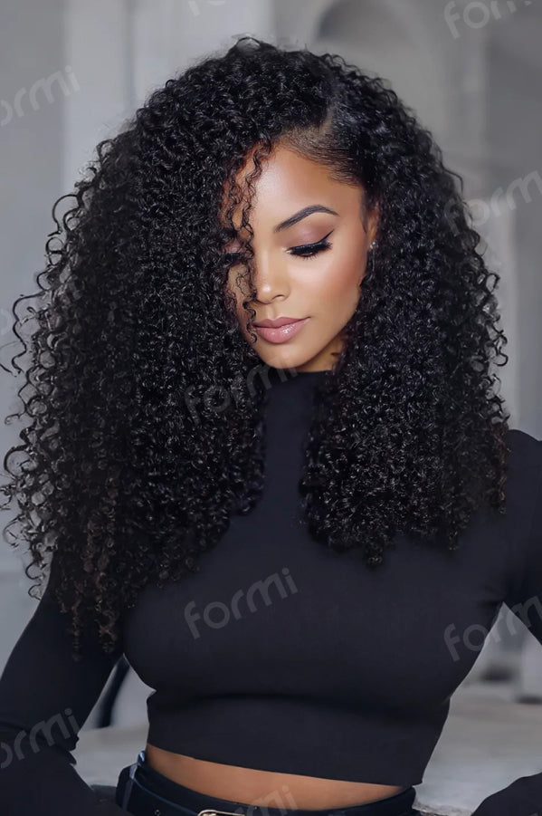 Black woman wearing shoulder-length kinky curly human crochet hair