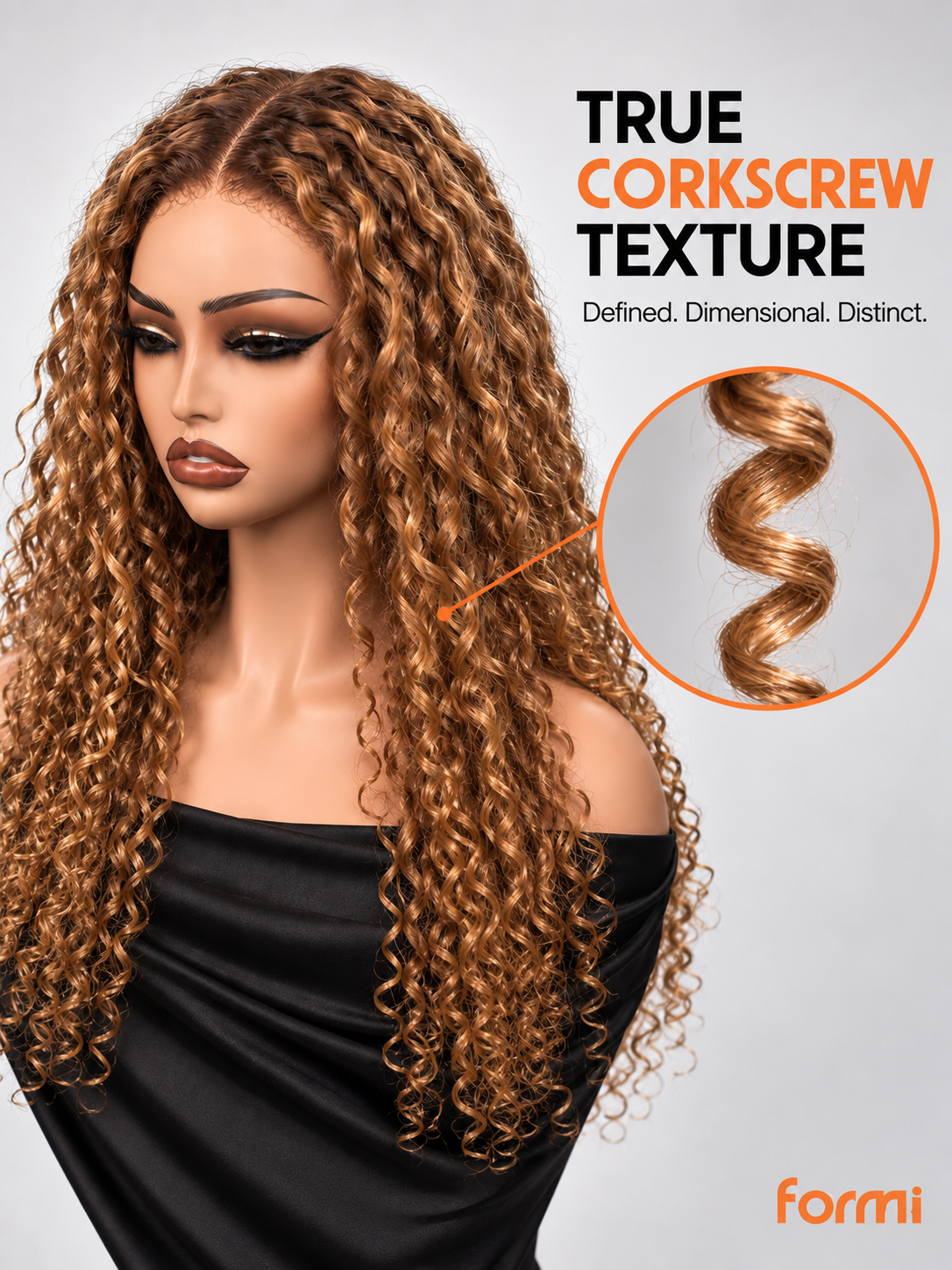 Deep side part and defined spiral curls on #27 human hair wig