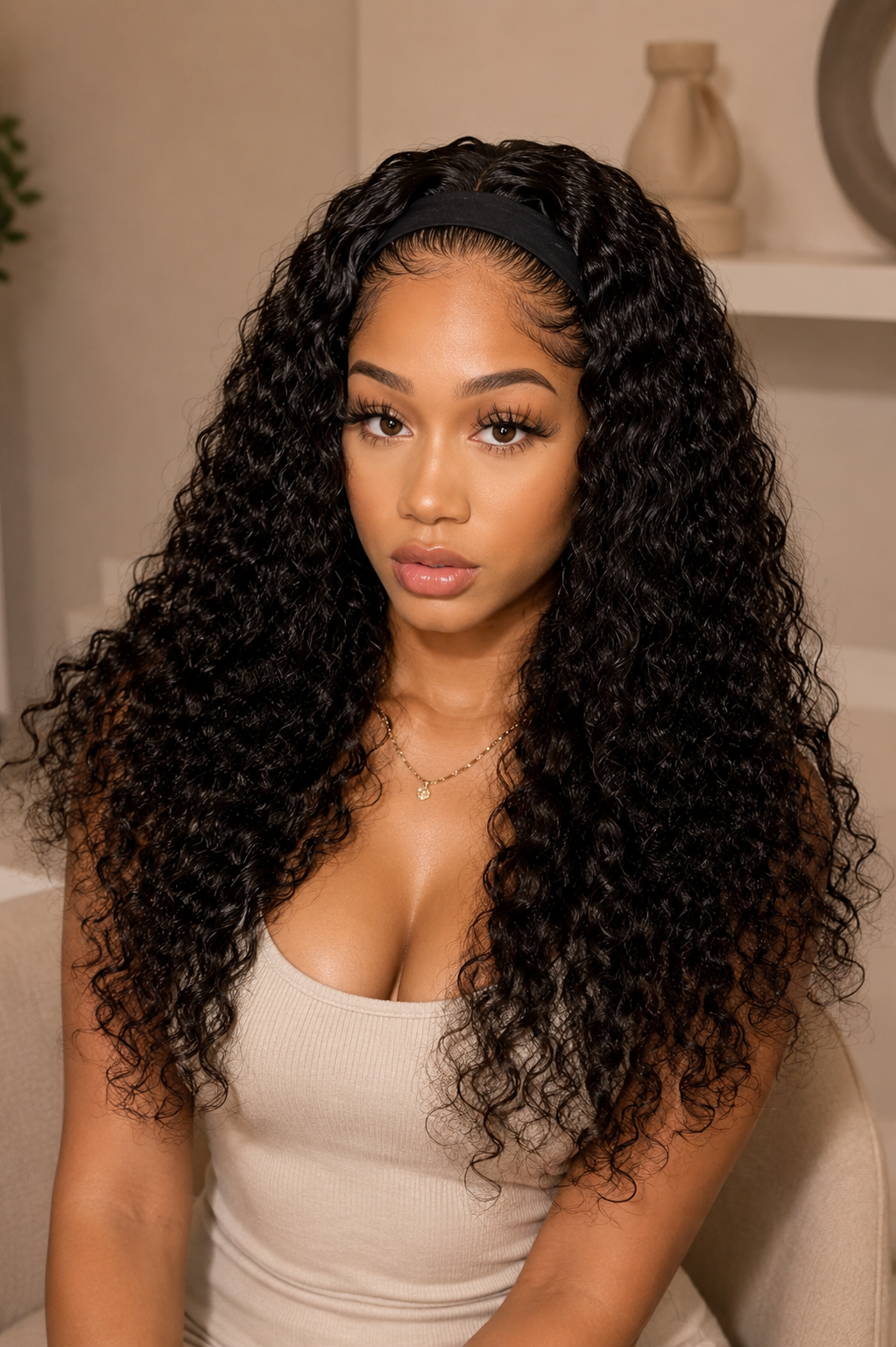 Black woman wearing a long natural black water wave human hair headband wig