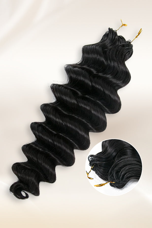 Close-up of natural black deep wave human crochet hair and pre-attached loops