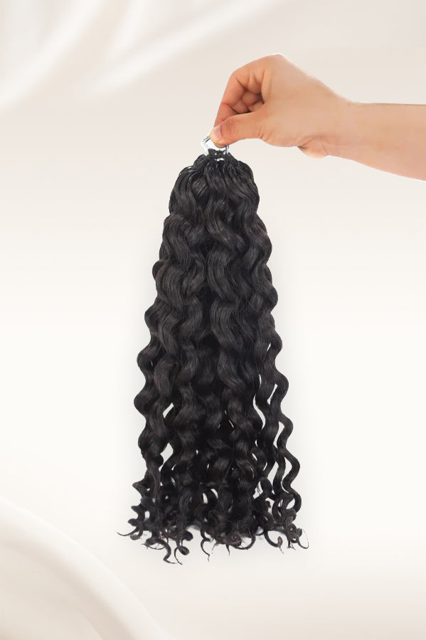 Single pack of natural black water wave human crochet hair held by hand