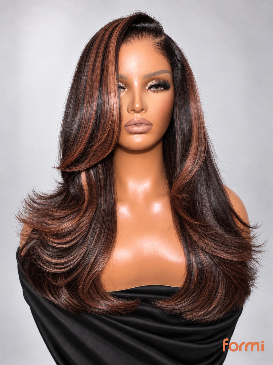 Three-quarter view of glueless caramel highlight layered body wave human hair wig