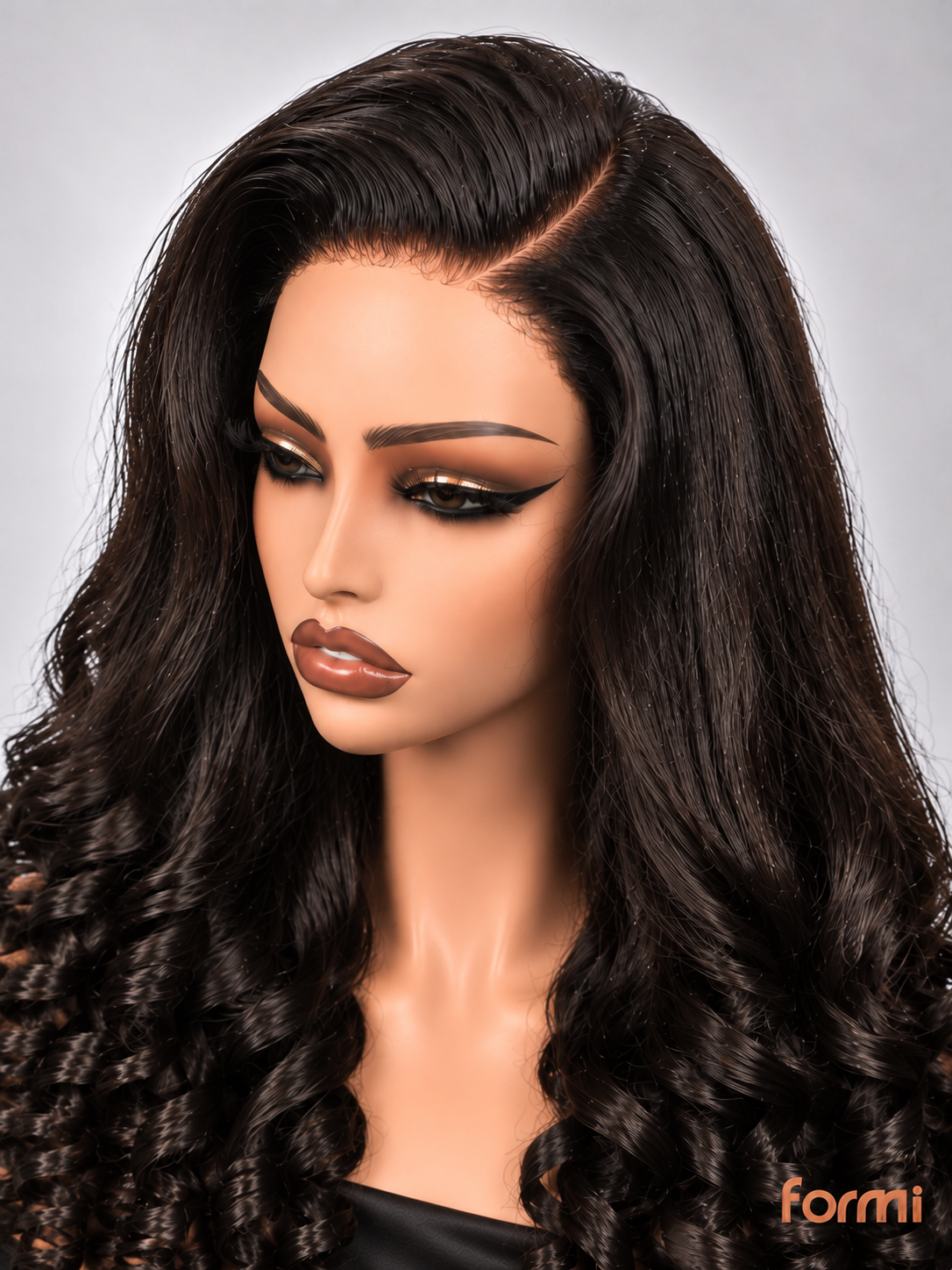 Defined spiral curl texture detail on natural black human hair wig