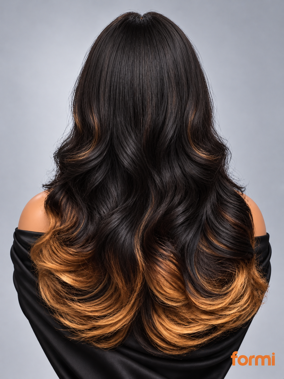 Back view of black and honey blonde balayage long layered body wave human hair wig