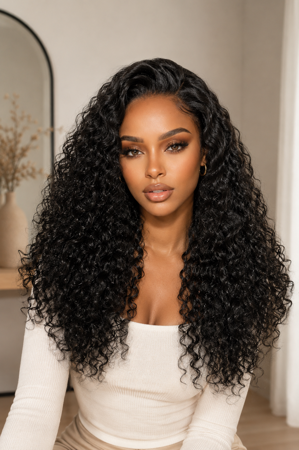Black woman wearing a long natural black water wave 3-in-1 human hair half wig
