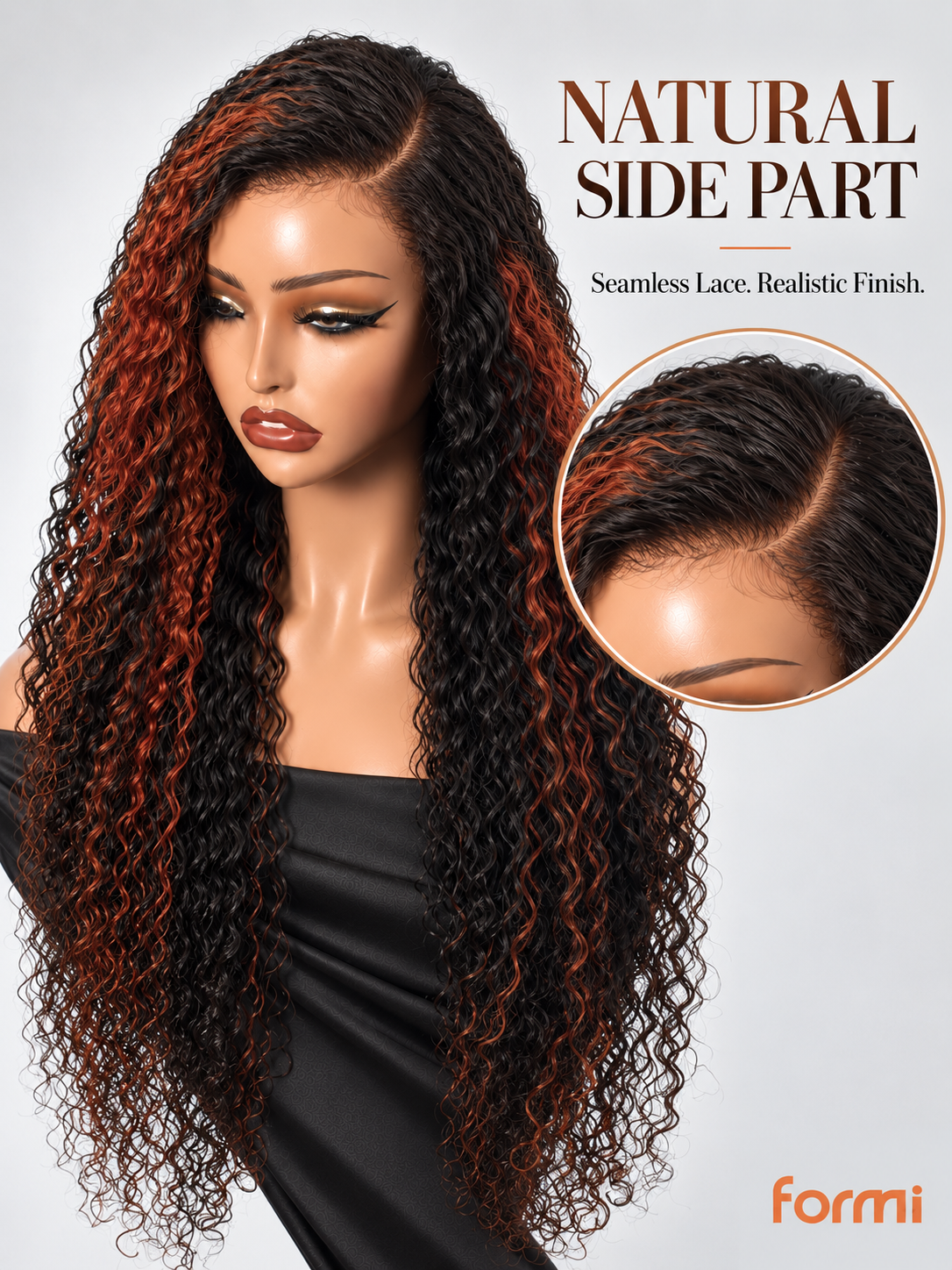 Deep side part and natural lace hairline detail on #1B/350 Water Wave wig