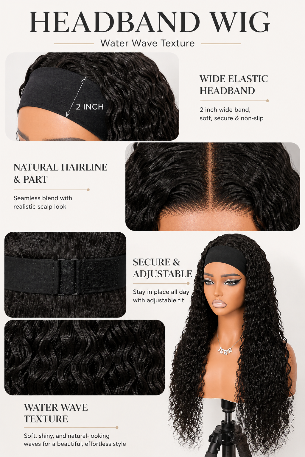 Water wave human hair headband wig showing the elastic band and secure adjustable strap