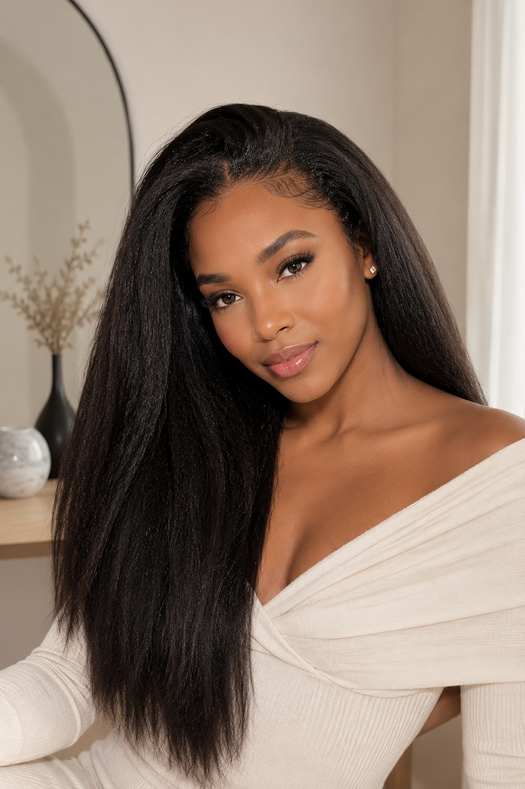 Black woman wearing a long natural black kinky straight 3-in-1 human hair half wig