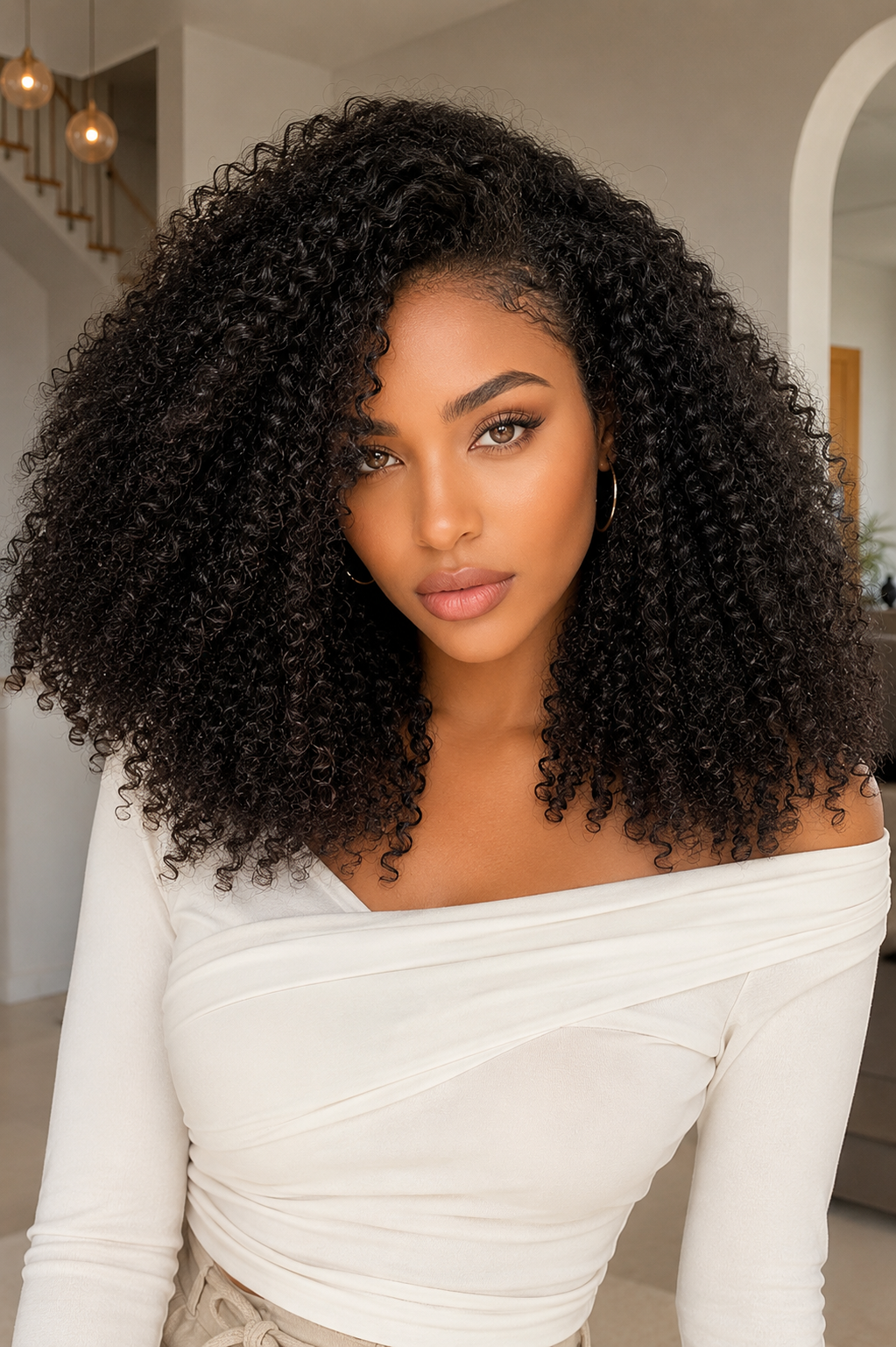 Black woman wearing a full natural black kinky curly 3-in-1 human hair half wig