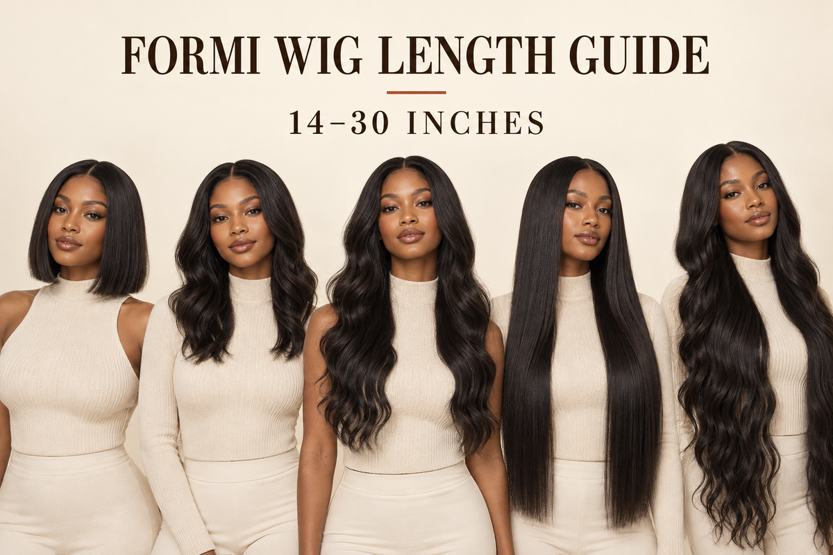 Formi Wig Length Guide, 14–30 inches, with five models wearing different wig lengths