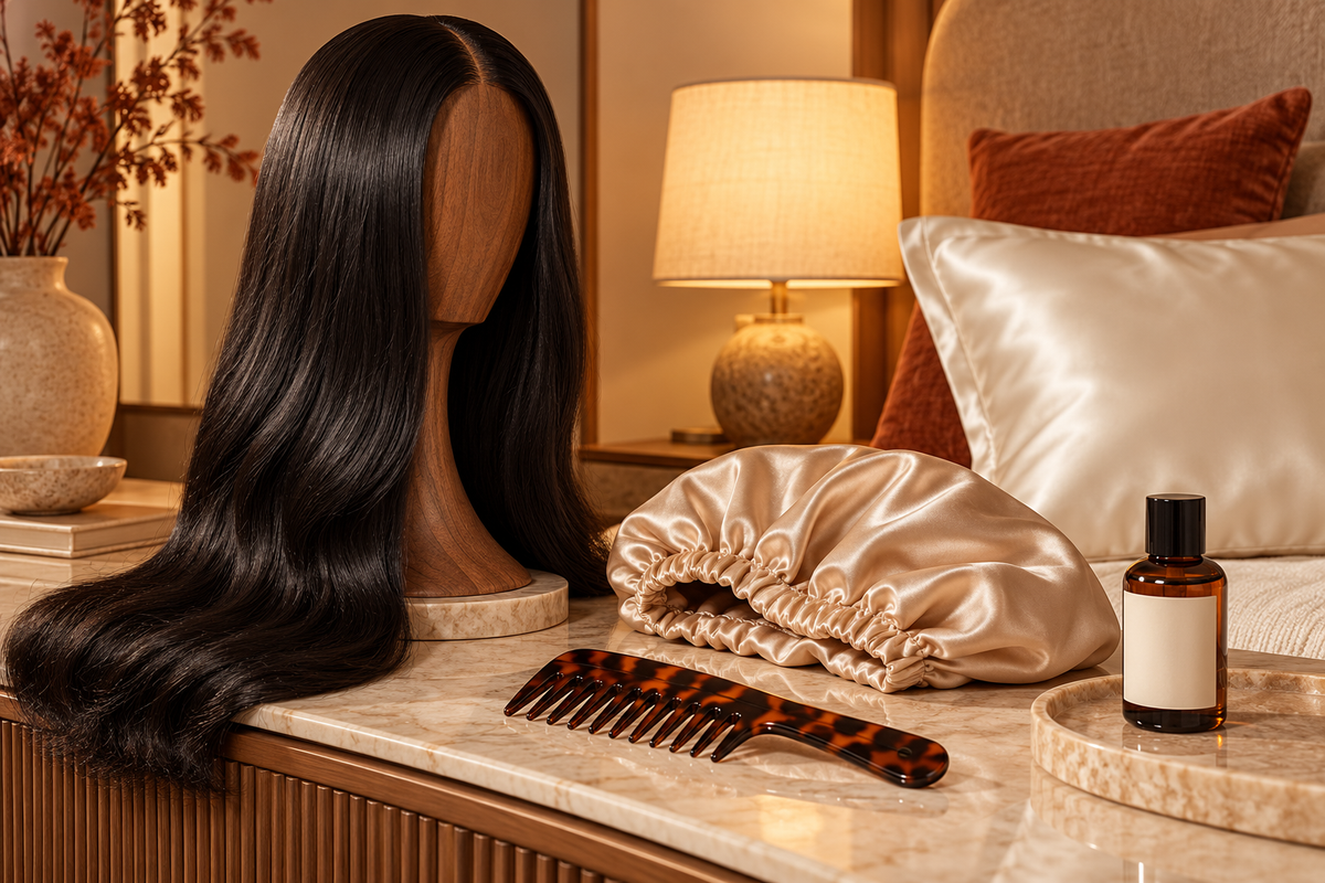 Glossy human hair wig resting on a wooden stand beside satin bedtime accessories