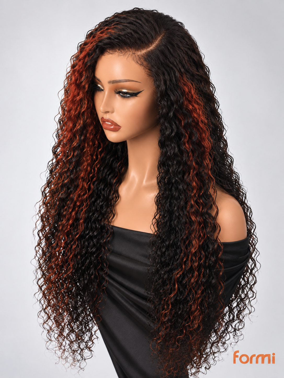 Three-quarter view of #1B natural black and #350 copper highlight Water Wave wig
