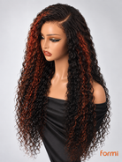 Three-quarter view of #1B natural black and #350 copper highlight Water Wave wig
