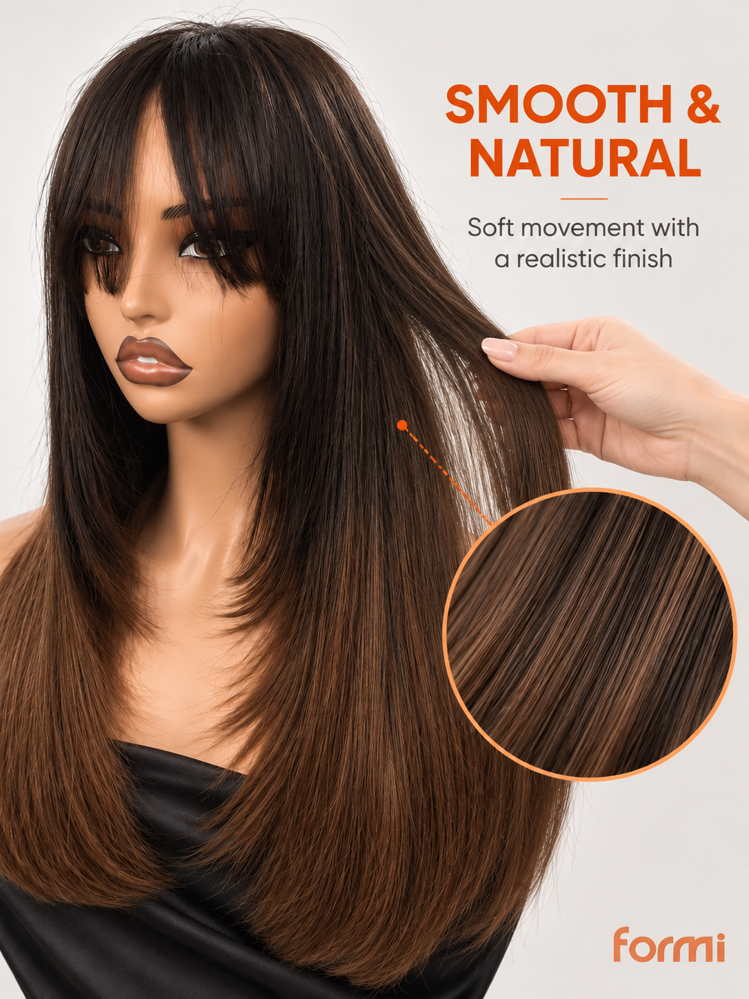 Ombre brown layered human hair wig with bangs, side detail