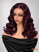 Front view of FORMI deep blackcurrant purple middle part body wave human hair lace front wig