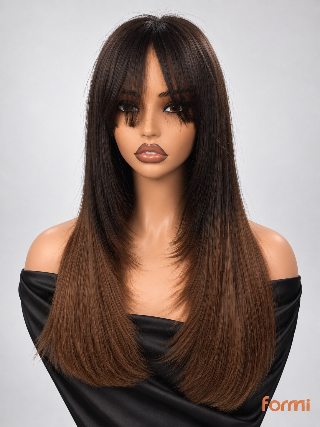 Long dark-root ombre brown human hair wig with full bangs and layered cut