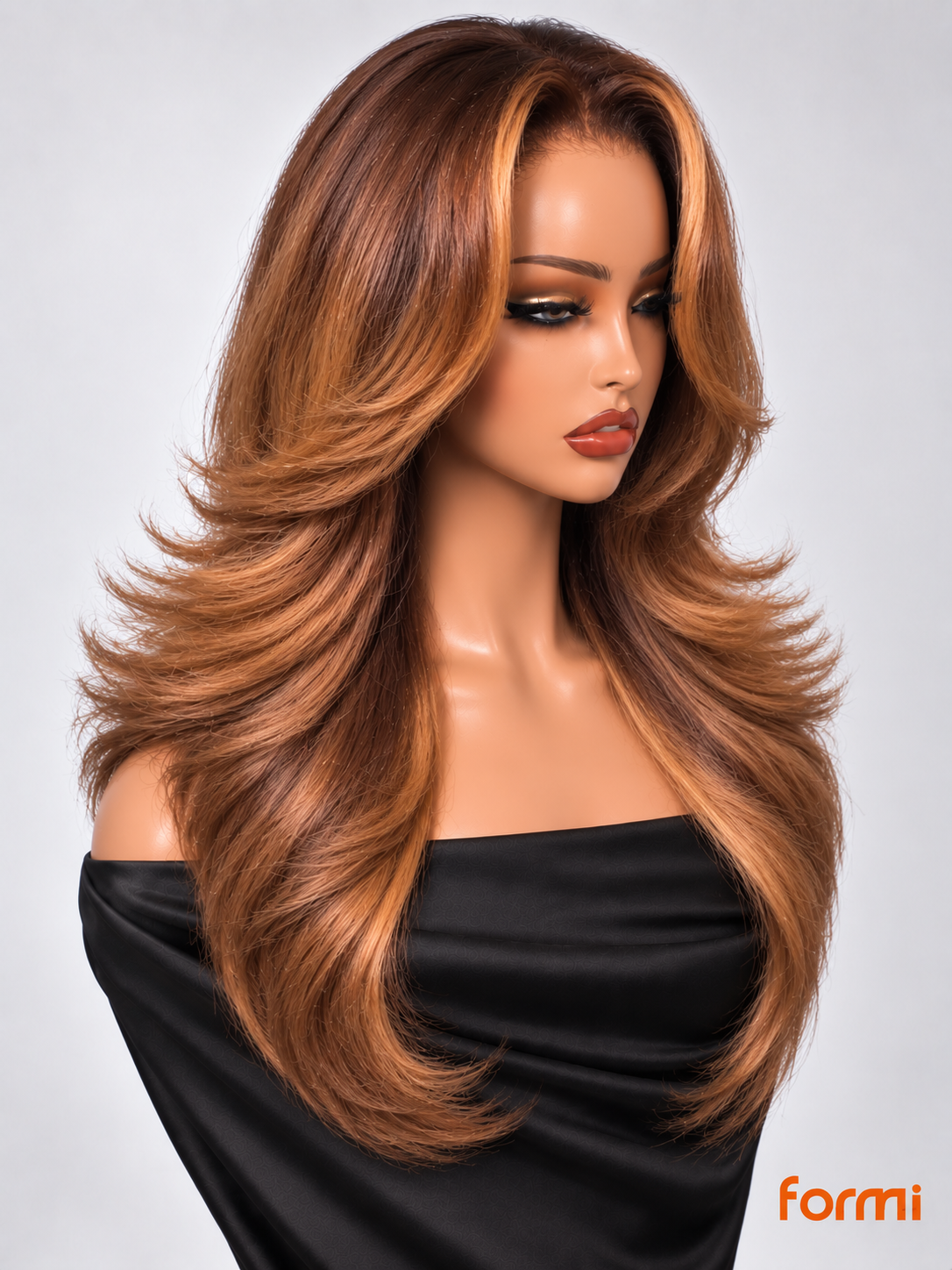 Three-quarter view of honey blonde highlight butterfly layered human hair wig