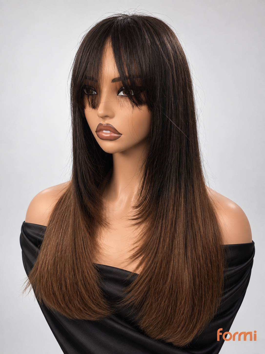 #1B/30 ombre brown layered straight human hair wig with bangs, front view