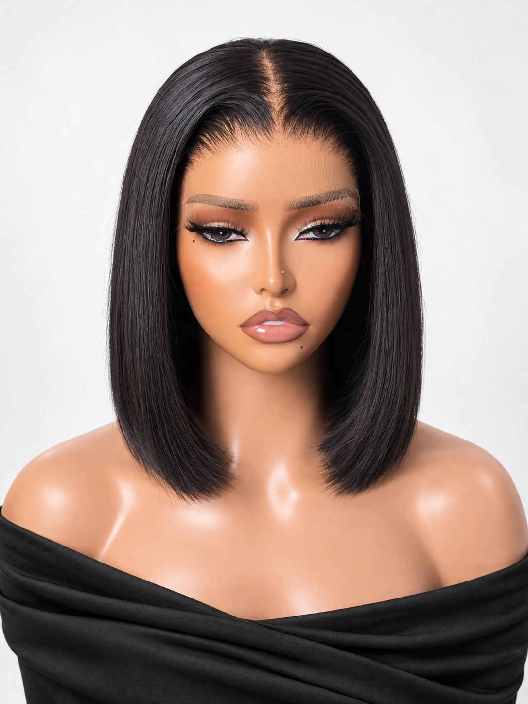 FORMI natural black 13x4 lace front straight bob human hair wig with center part.