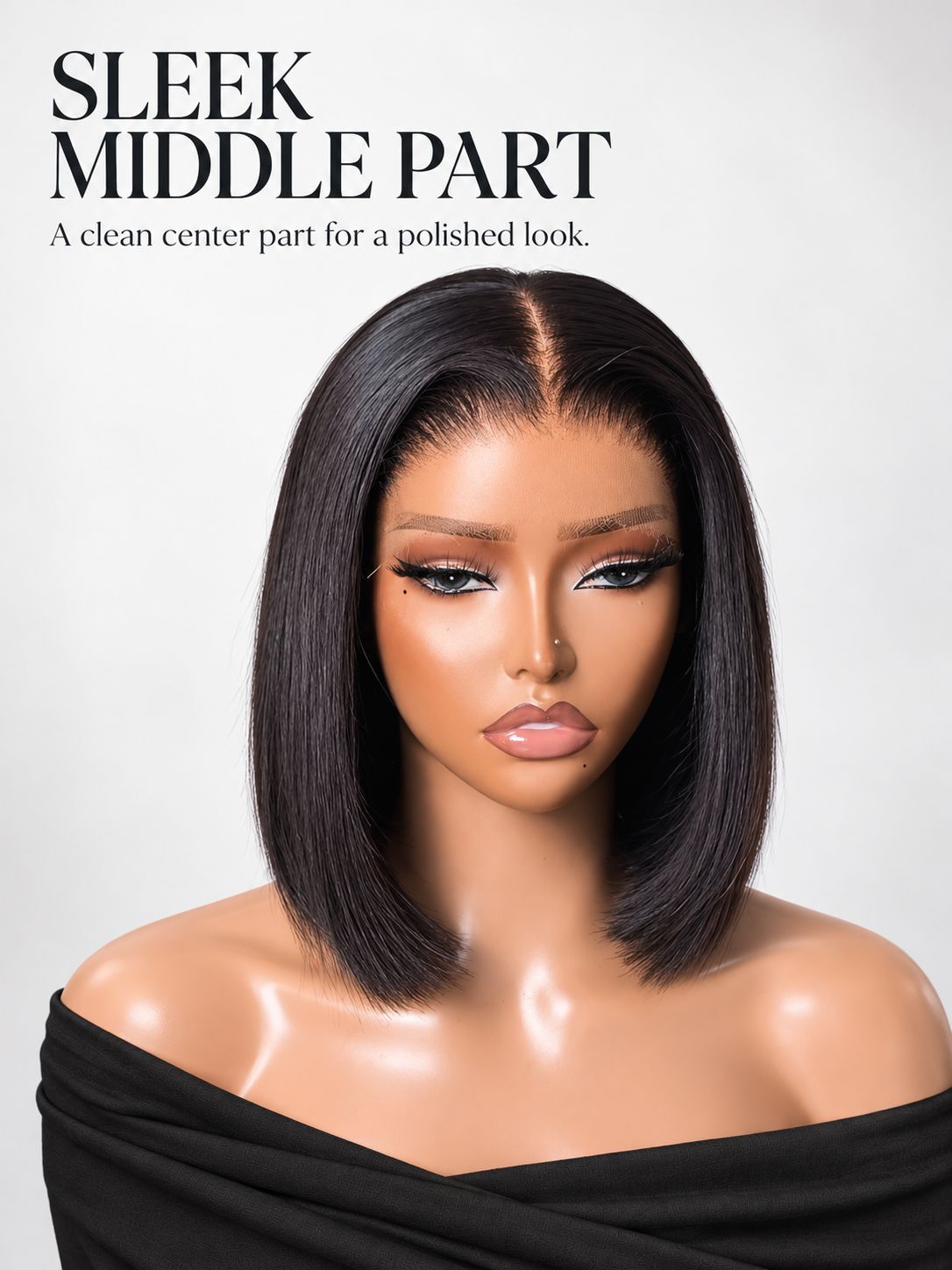 FORMI natural black 13x4 lace front straight bob human hair wig with center part.