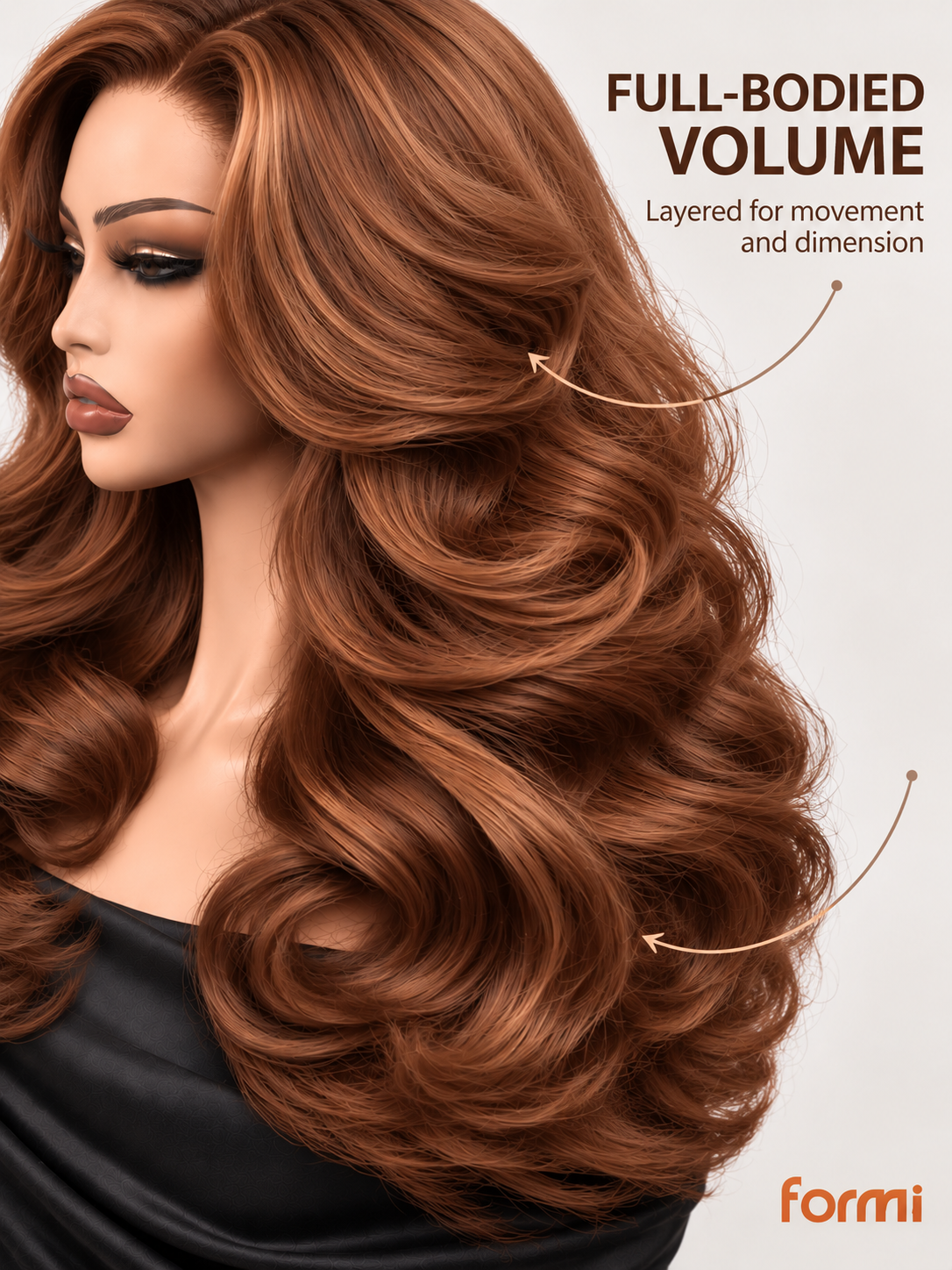 Long copper brown human hair wig with voluminous waves and layered cut