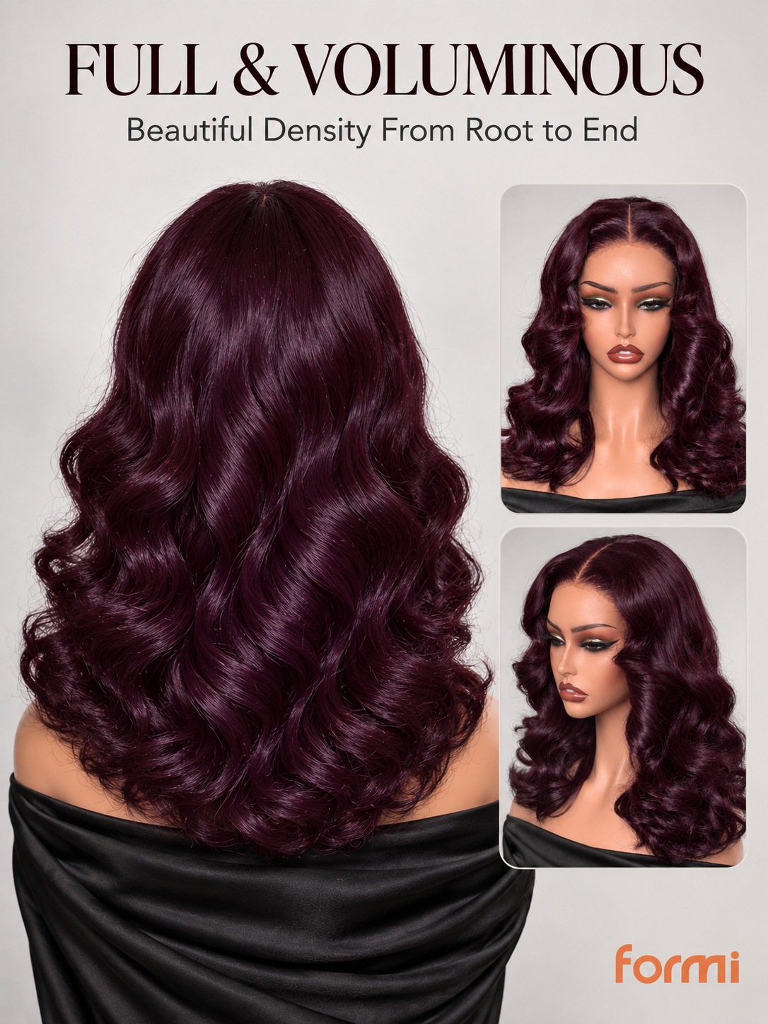 Full and voluminous dark purple body wave human hair wig from the back