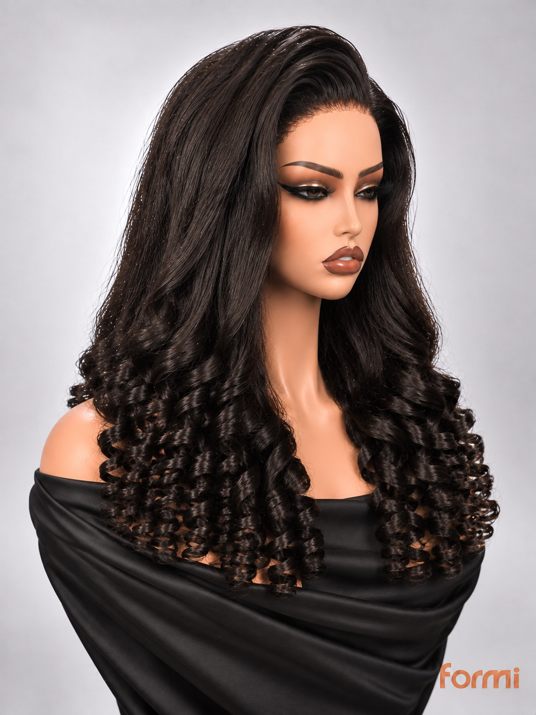 Three-quarter view of natural black glueless spiral curl human hair wig