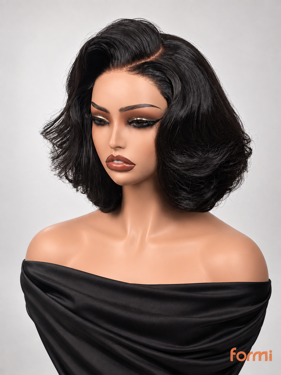 Natural Black Deep Side Part Layered Bob Human Hair Wig