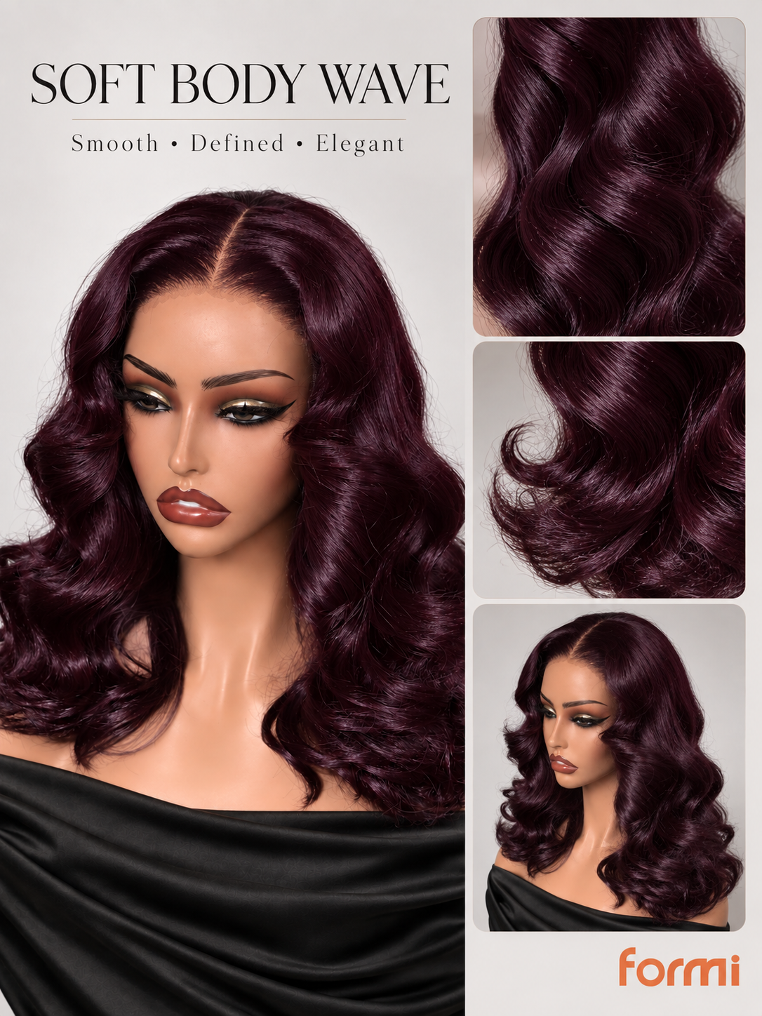 Soft body wave texture detail on FORMI deep blackcurrant purple human hair wig