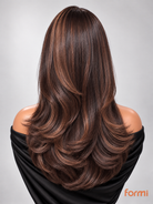 Back view of espresso brown caramel highlight layered human hair wig